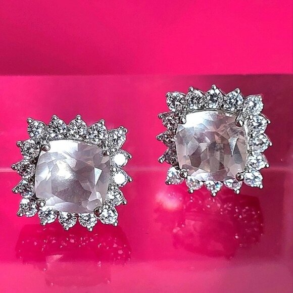 Natural Rose Quartz & CZ 925 Sterling Silver  Earrings - Picture 5 of 9